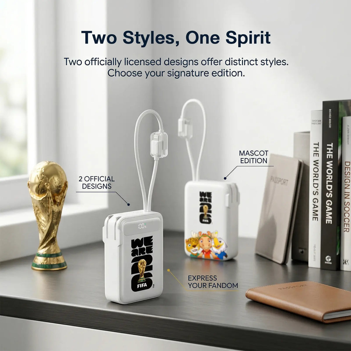Official FIFA World Cup 2026 Edition, 3-In-1 Power Bank with Built-In Cable and Foldable Wall Plug, 22.5W Max 10000Mah Portable Charger Power Bank for Iphone 17/16 Series, Galaxy S26/S25, White